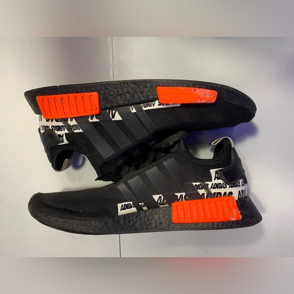 adidas NMD R1  “WordMark Heel Stripe - Black Solar Red” Size 10 US - Picture 3 of 5